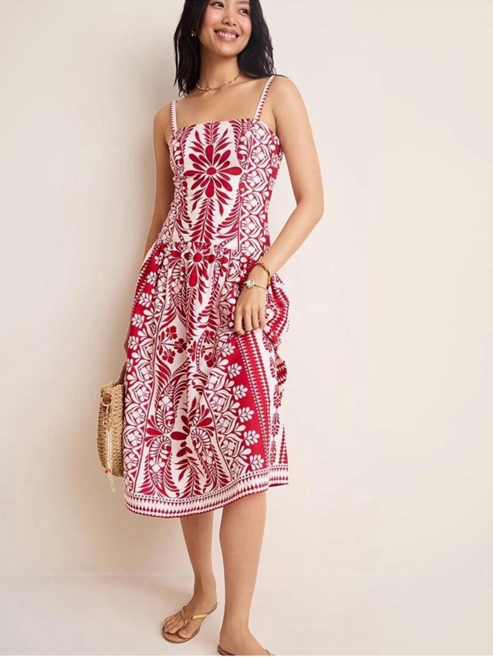 Francesca's Collections Serena Red and White Floral Midi Dress Drop Waist